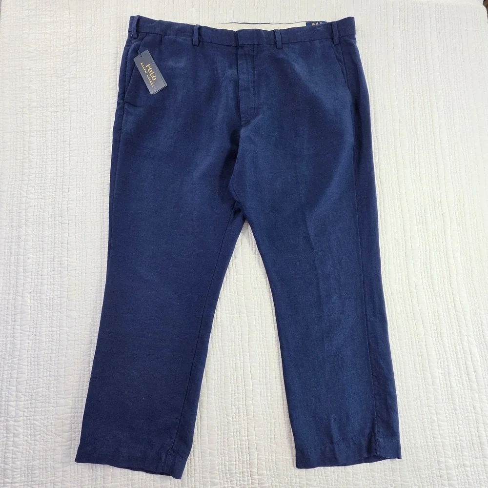 Polo Ralph Lauren Mens NWT Navy Blue Linen Cotton Straight Fit Pants 42/30 Chino